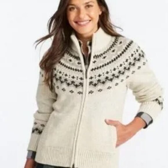LL Bean Fair Isle Wool Cardigan Sweater Zip Front Pockets Small - Picture 1 of 11